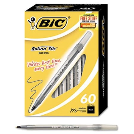 Bic GSM609-BK Round Stic Ballpoint Pen  Black Ink  Medium Point  1.0 Mm  60 Per Box